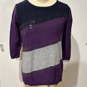 Women's La Madona Crew Neck Sweater S Purple Gray swirl Striped Embellished